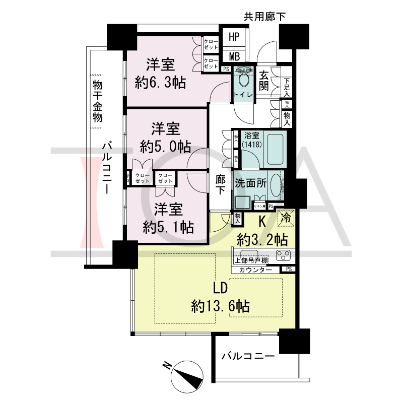 シティタワー大阪福島の間取り図 南西向き角 3LD・K 専有面積75.20m2
バルコニー面積19.11m2 ※4?37階
バルコニー面積32.98m2 ※3階