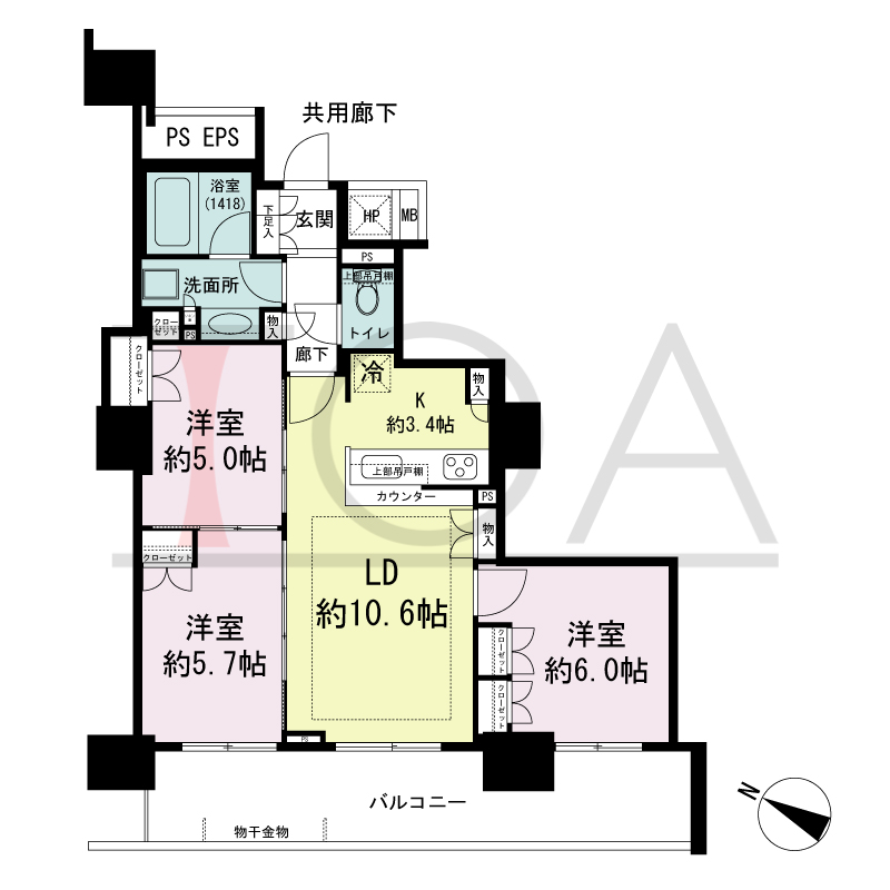 シティタワー大阪福島の間取り図 南西向き 3LD・K 専有面積67.52m2
バルコニー面積17.41m2