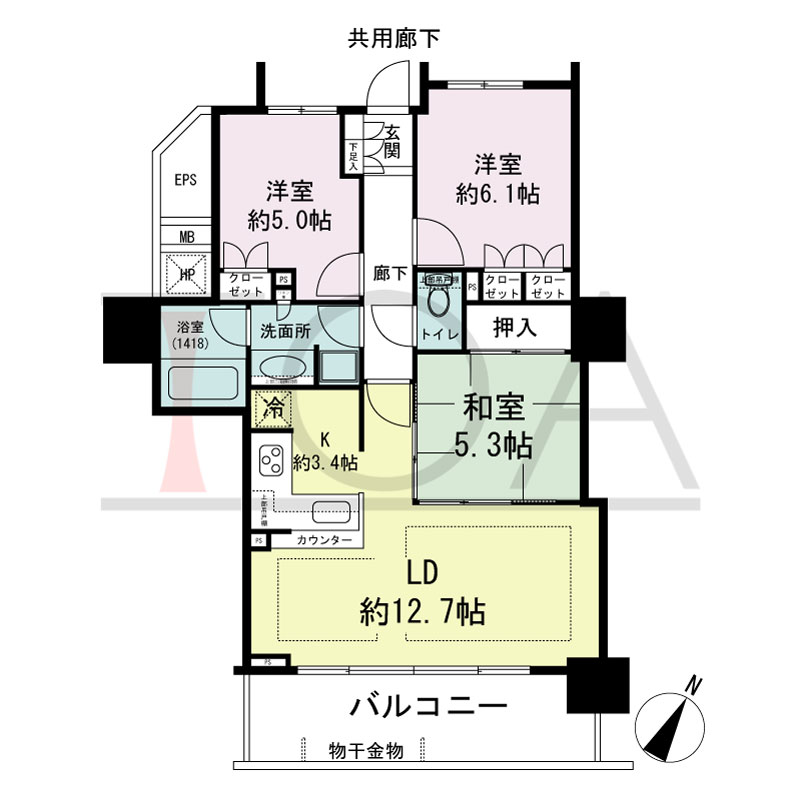シティタワー大阪福島の間取り図 南向き 3LD・K 専有面積70.18m2
バルコニー面積11.66m2