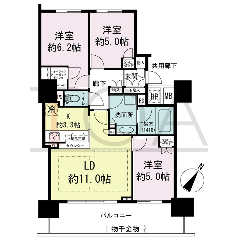 シティタワー大阪福島の間取り図 南向き 3LD・K+WIC 専有面積68.22m2
バルコニー面積13.50m2