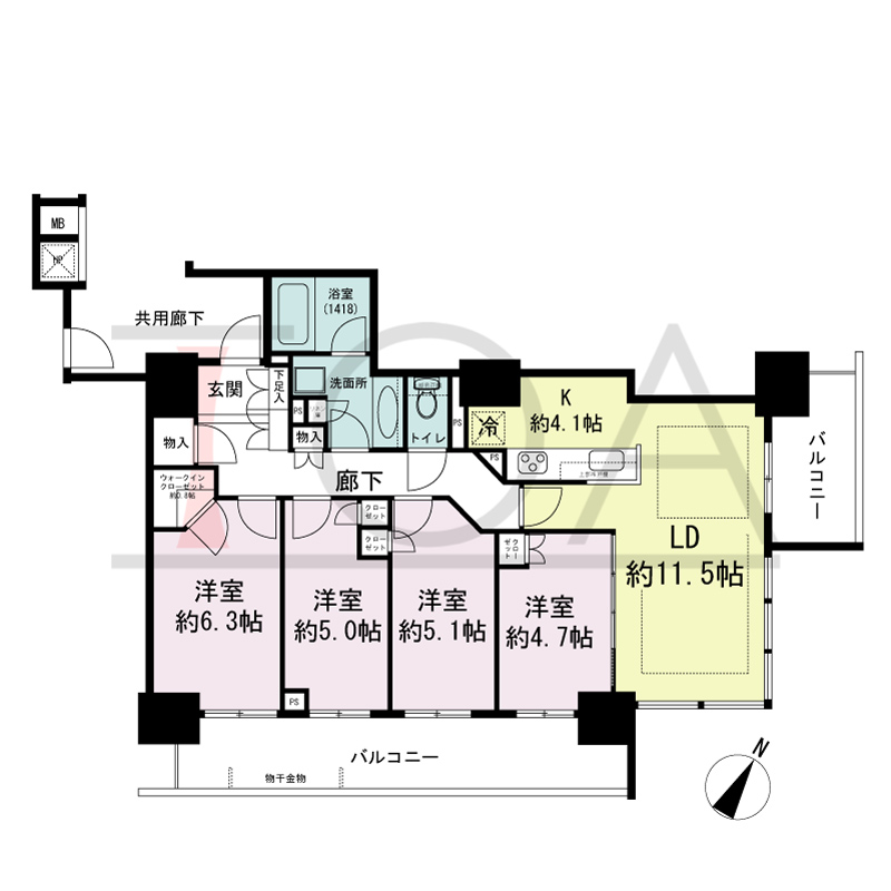 シティタワー大阪福島の間取り図 南向き 4LD・K+WIC 専有面積83.13m2
バルコニー面積20.15m2 ※4?37階
バルコニー面積41.16m2 ※3階