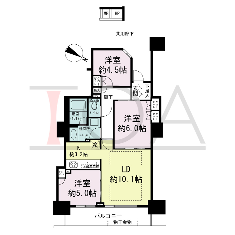 シティタワー大阪福島の間取り図 北東向き 3LD・K 専有面積65.09m2
バルコニー面積11.85m2