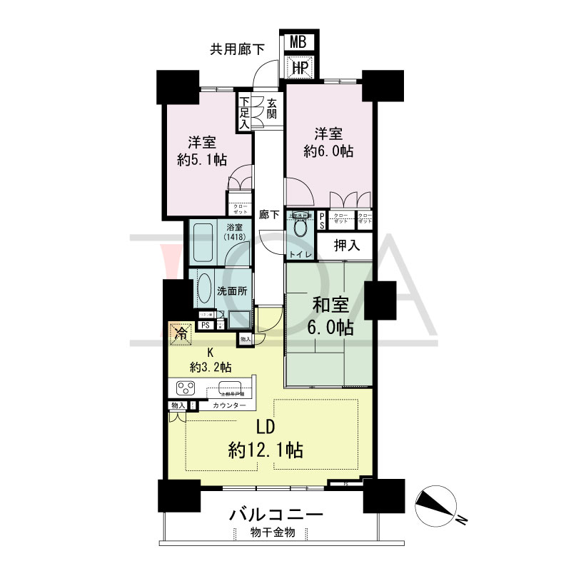 シティタワー大阪福島の間取り図 北東向き 3LD・K 専有面積71.80m2
バルコニー面積8.92m2
※２０階のみ北東角