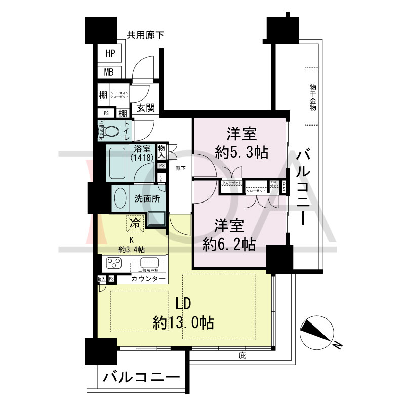シティタワー大阪福島の間取り図 北東向き角 2LD・K+SC 専有面積64.32m2
バルコニー面積17.51m2 ※4?37階
バルコニー面積30.75m2 ※3階