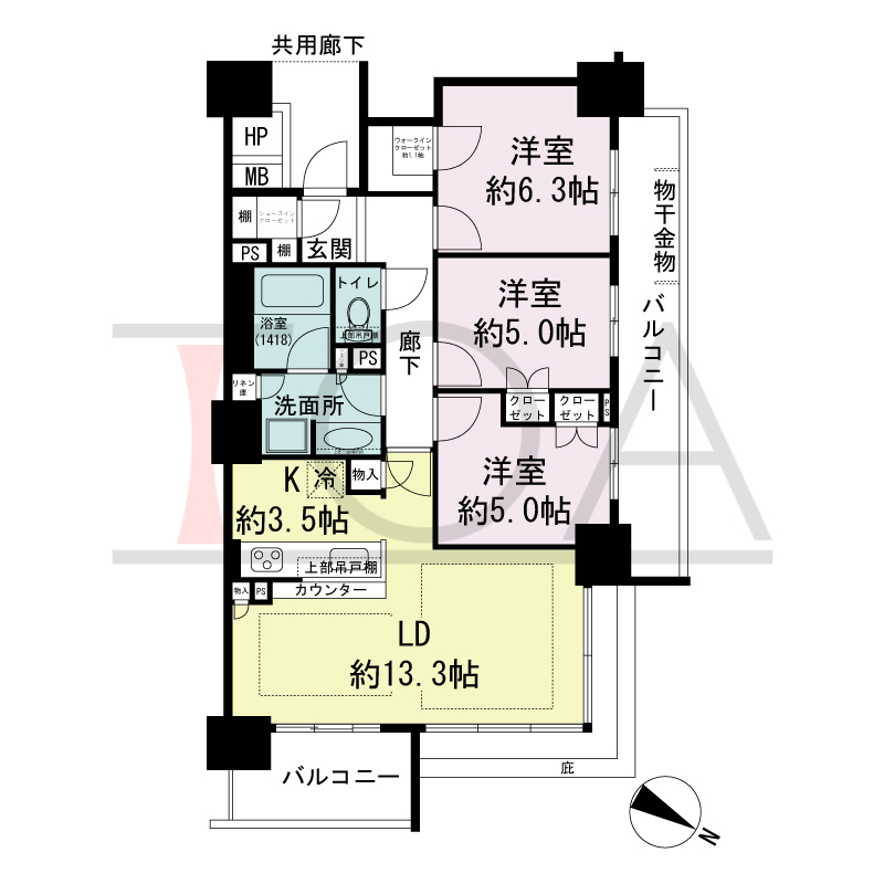 シティタワー大阪福島の間取り図 北東向き 3LD・K+WIC+SC 専有面積76.30m2
バルコニー面積17.39m2