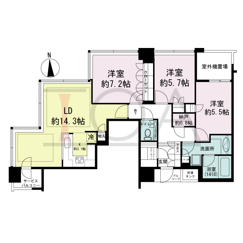 シティタワー西梅田の間取り図 西向き角 3LDK+N 専有面積83.48m2
サービスバルコニー面積2.59m2
アルコーブ面積2.14m2
室外機置場面積4.48m2