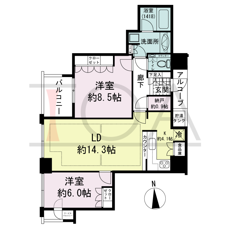 シティタワー西梅田の間取り図 西向き 2LDK+N 専有面積75.37m2
バルコニー面積5.17m2
サービスバルコニー面積1.48m2
アルコーブ面積2.28m2