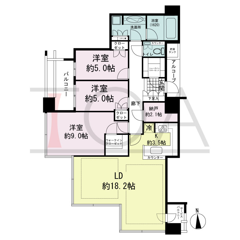 シティタワー西梅田の間取り図 西向き角 3LDK+N 専有面積95.13m2
バルコニー面積7.00m2
サービスバルコニー面積2.36m2
アルコーブ面積2.29m2