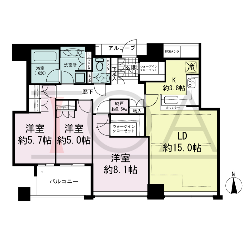 シティタワー西梅田の間取り図 南向き 3LDK+N 専有面積89.92m2
バルコニー面積6.58m2
アルコーブ面積2.36m2