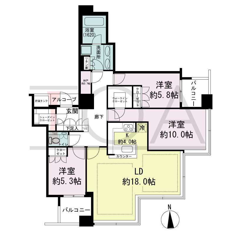 シティタワー西梅田の間取り図 南向き角 3LDK+N 専有面積102.62m2
バルコニー面積8.33m2
アルコーブ面積1.56m2