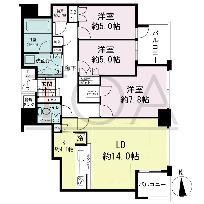 シティタワー西梅田の間取り図 東向き 3LDK+N 専有面積83.76m2
バルコニー面積8.06m2
アルコーブ面積1.42m2