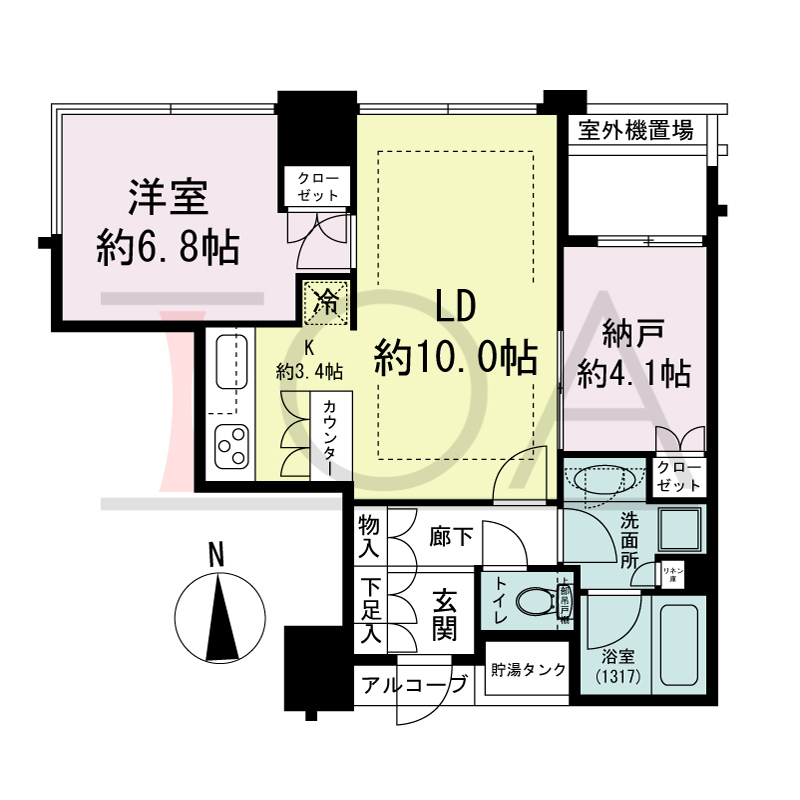 シティタワー西梅田の間取り図 北向き角 1LDK+DEN 専有面積55.06m2
アルコーブ面積1.02m2
室外機置場面積4.09m2