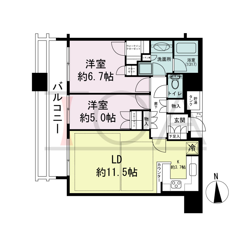 シティタワー西梅田の間取り図 西向き 2LDK 専有面積61.20m2
アルコーブ面積13.90m2
室外機置場面積0.97m2