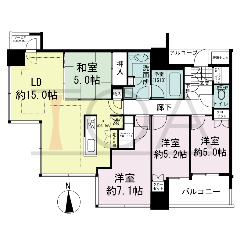 シティタワー西梅田の間取り図 西向き角 4LDK 専有面積92.65m2
バルコニー面積6.26m2
サービスバルコニー面積1.71m2
アルコーブ面積2.12m2
