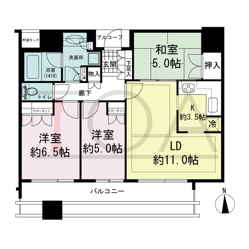 シティタワー西梅田の間取り図 南向き 3LDK 専有面積70.44m2
バルコニー面積15.08m2
アルコーブ面積1.43m2