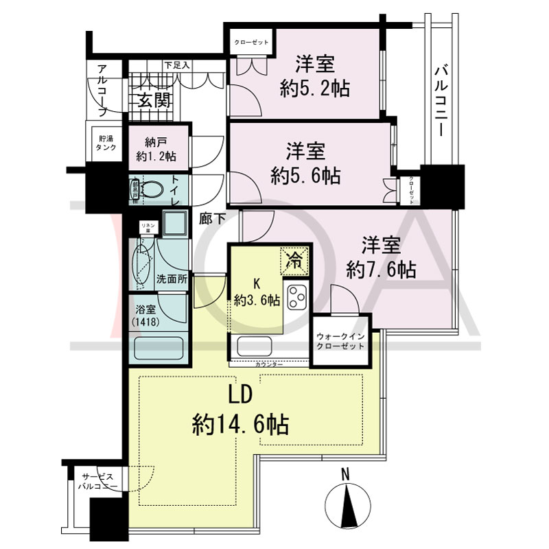 シティタワー西梅田の間取り図 東向き角 3LDK+N 専有面積82.94m2
バルコニー面積6.34m2
サービスバルコニー面積2.46m2
アルコーブ面積1.48m2
