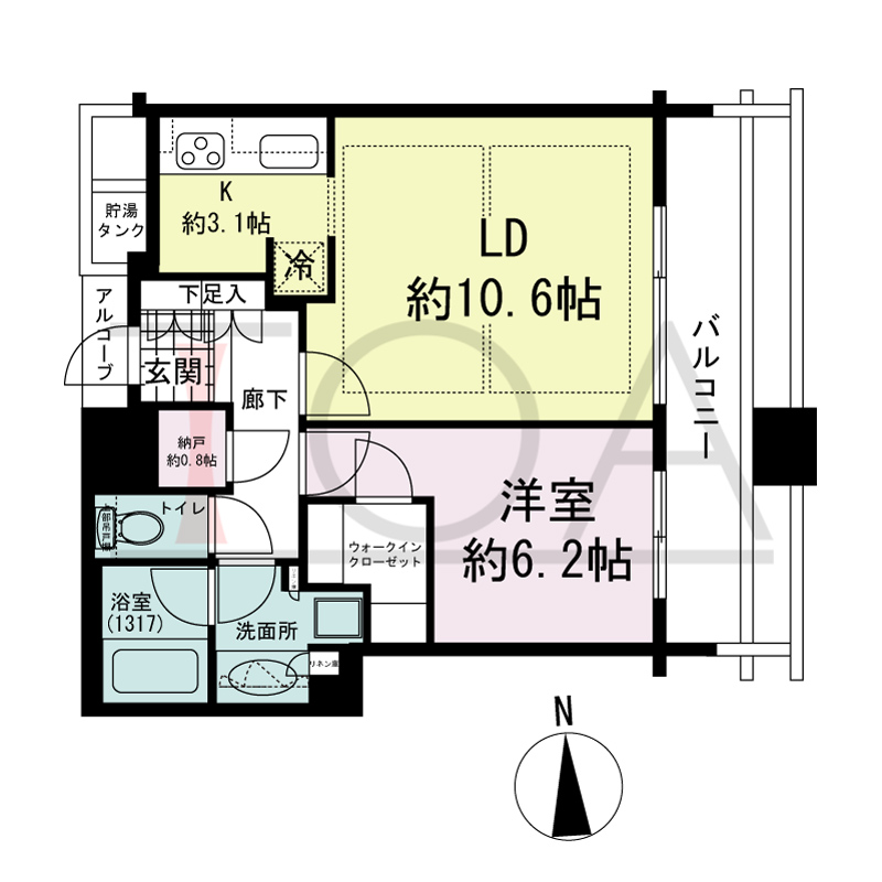 シティタワー西梅田の間取り図 東向き 1LDK+N 専有面積50.00m2
バルコニー面積12.42m2
アルコーブ面積1.53m2