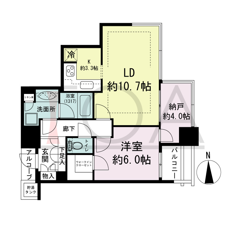 シティタワー西梅田の間取り図 東向き 1LDK+DEN 専有面積57.04m2
バルコニー面積3.55m2
アルコーブ面積1.83m2