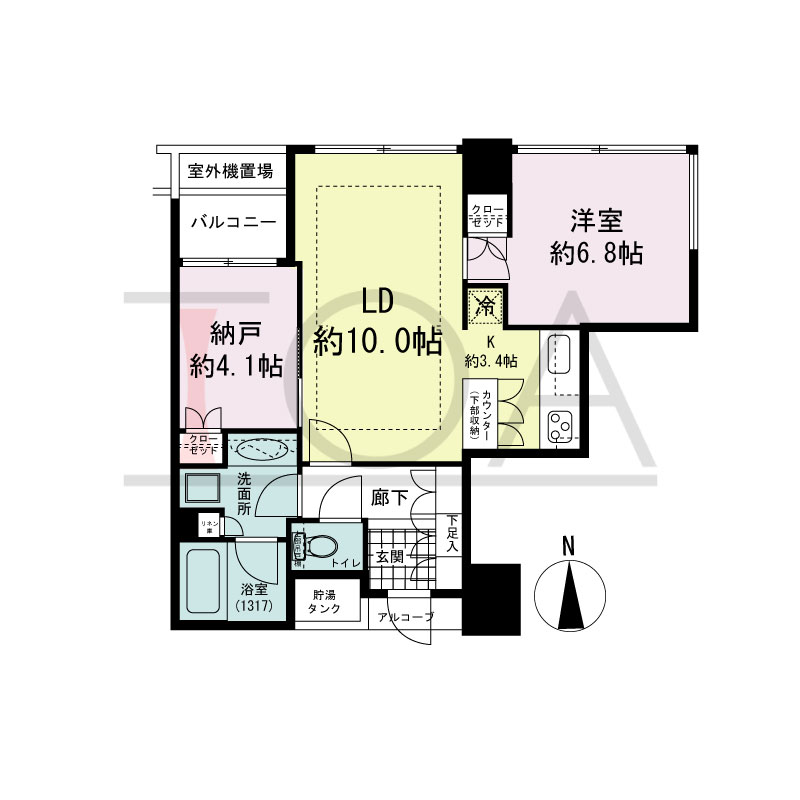 シティタワー西梅田の間取り図 北向き角 1LDK+DEN 専有面積55.06m2
アルコーブ面積1.02m2
室外機置場面積4.09m2