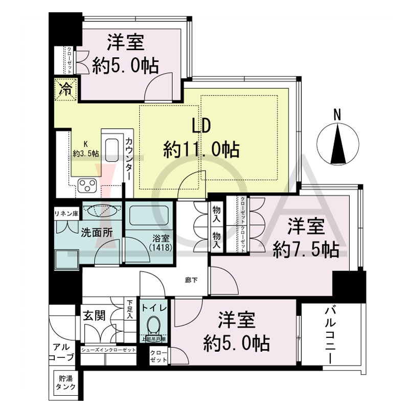 シティタワー西梅田の間取り図 東向き角 3LDK 専有面積74.72m2
バルコニー面積3.55m2
アルコーブ面積1.86m2