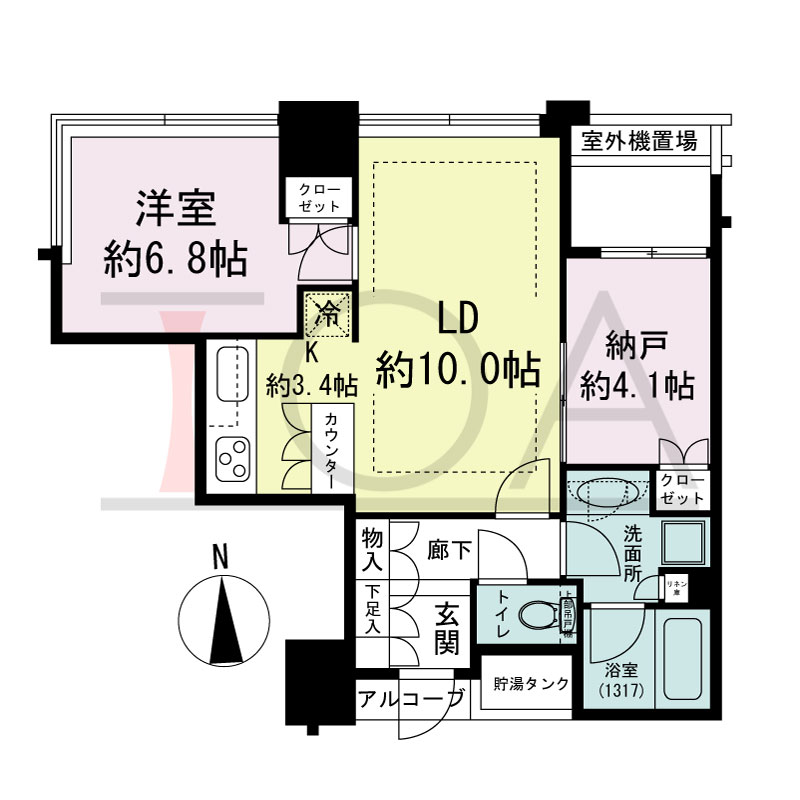 シティタワー西梅田の間取り図 北向き角 1LDK+DEN 専有面積55.06m2
バルコニー面積1.02m2
アルコーブ面積4.09m2