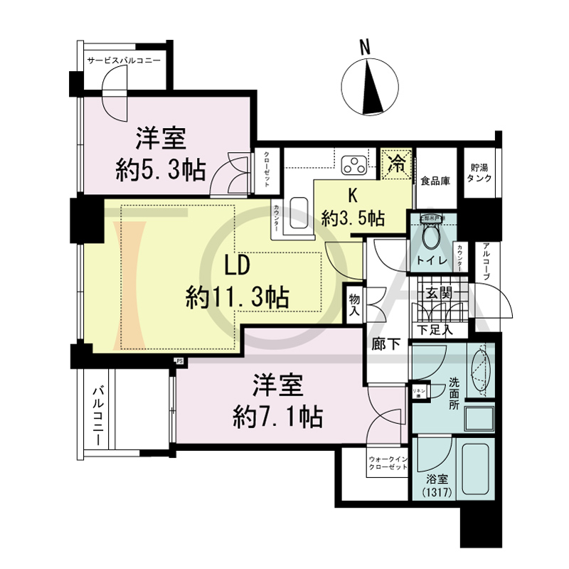 シティタワー西梅田の間取り図 西向き 2LDK 専有面積63.01m2
バルコニー面積3.73m2
サービスバルコニー面積1.95m2
アルコーブ面積1.59m2