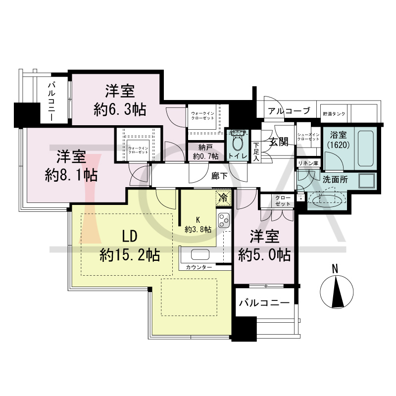 シティタワー西梅田の間取り図 西向き角 3LDK+N 専有面積90.81m2
バルコニー面積8.57m2
アルコーブ面積1.60m2