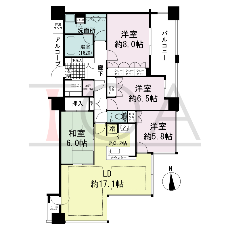 シティタワー西梅田の間取り図 東向き角 4LDK+N 専有面積104.87m2
バルコニー面積10.31m2
サービスバルコニー面積1.65m2
アルコーブ面積3.96m2