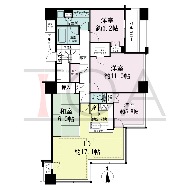 シティタワー西梅田の間取り図 東向き角 4LDK+N 専有面積110.95m2
バルコニー面積7.75m2
サービスバルコニー面積1.65m2
アルコーブ面積3.96m2