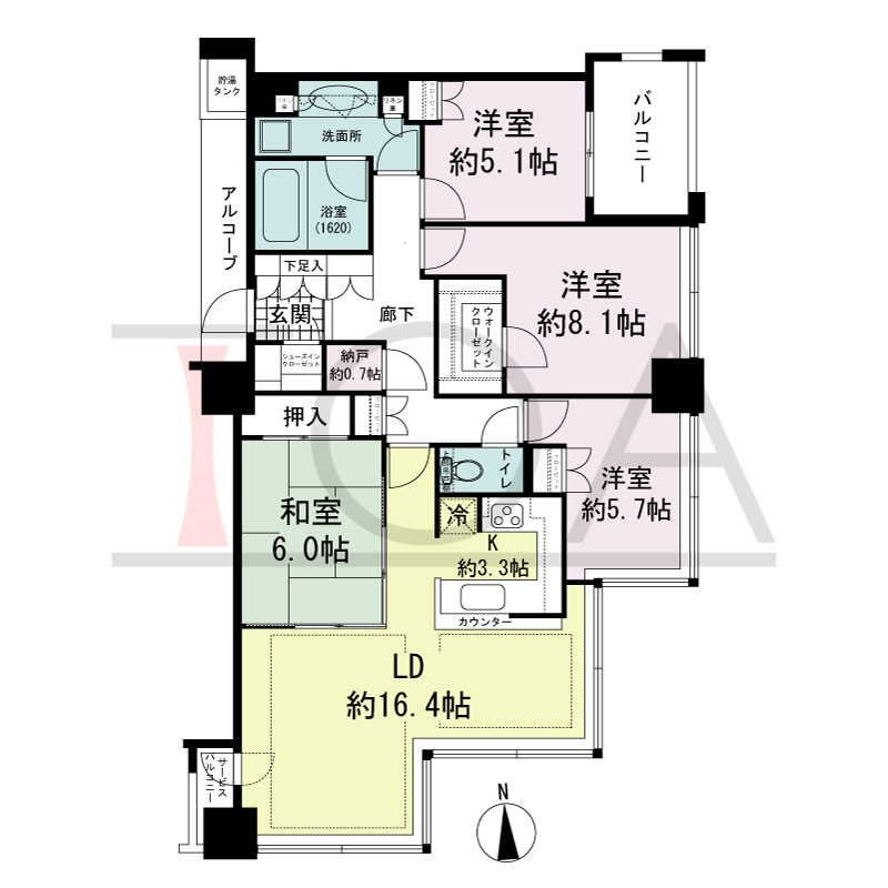 シティタワー西梅田の間取り図 東向き角 4LDK+N 専有面積102.56m2
バルコニー面積5.99m2
サービスバルコニー面積1.65m2
アルコーブ面積3.96m2