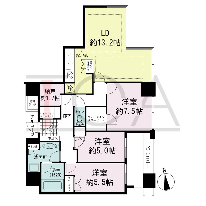 シティタワー西梅田の間取り図 東向き 3LDK+N 専有面積87.26m2
バルコニー面積7.75m2
アルコーブ面積1.81m2