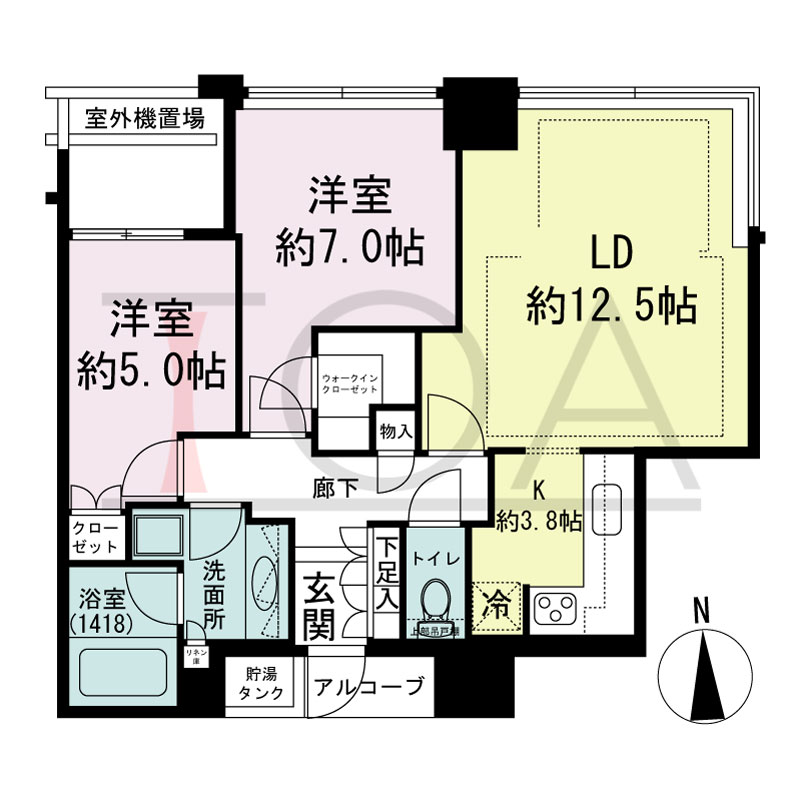 シティタワー西梅田の間取り図 北向き角 2LDK 専有面積64.13m2
アルコーブ面積1.65m2
室外機置場面積4.29m2