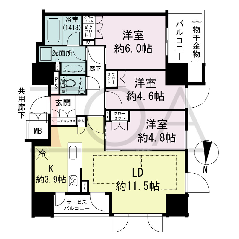 プレミスト梅田ノースの間取り図 西向き角 3LDK 専有面積68.11m2
バルコニー面積6.11m2
サービスバルコニー面積3.96m2