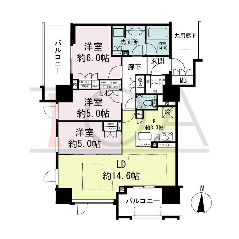 プレミスト梅田ノースの間取り図 南向き(2階のみ南向き角) 3LDK+SC 専有面積76.75m2
バルコニー面積14.75m2