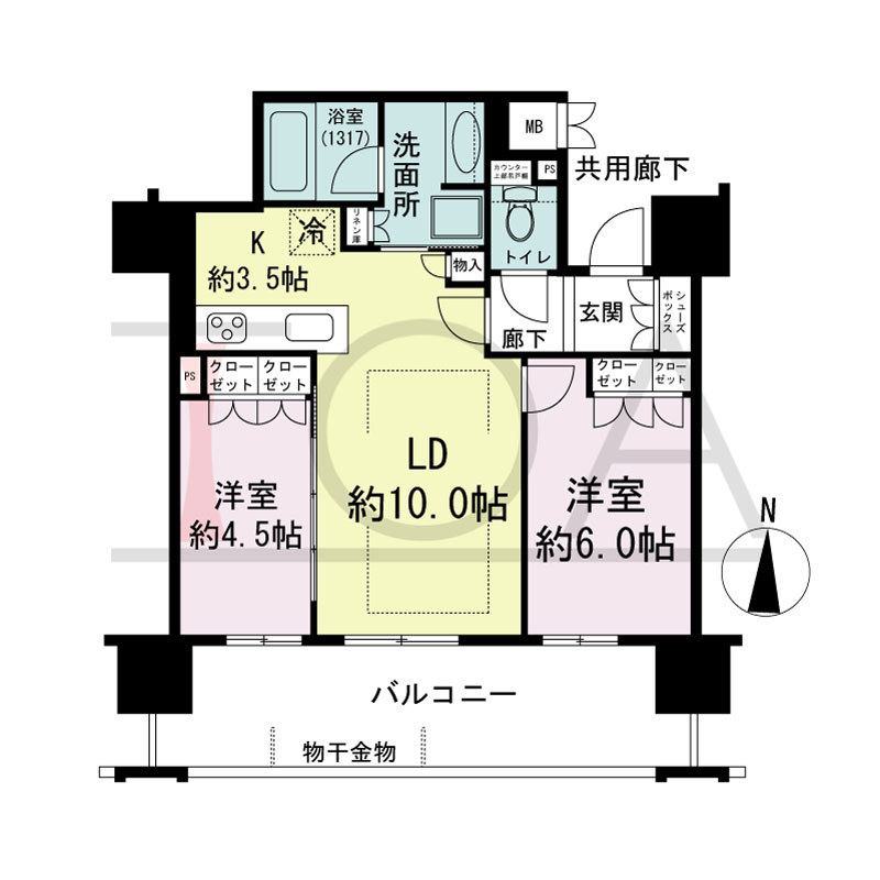 プレミスト梅田ノースの間取り図 南向き 2LDK 専有面積54.73m2
バルコニー面積15.13m2