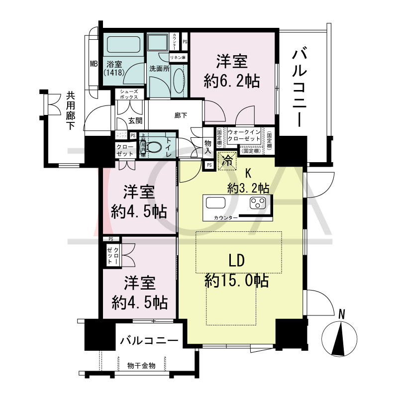プレミスト梅田ノースの間取り図 南向き 3LDK+WIC 専有面積73.43m2
バルコニー面積14.52m2