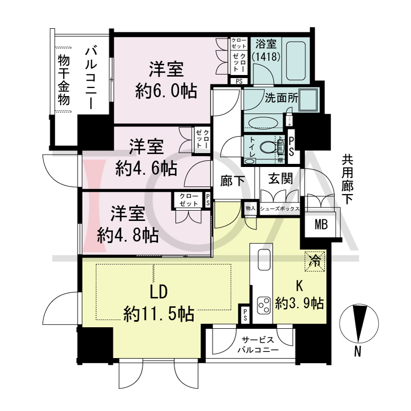 プレミスト梅田ノースの間取り図 東向き 3LDK 専有面積68.11m2
バルコニー面積6.11m2
サービスバルコニー面積3.96m2