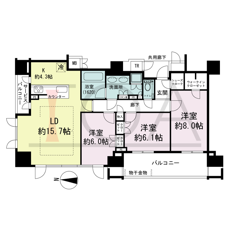 プレミスト梅田ノースの間取り図 西向き 3LDK+WIC+SC 専有面積90.50m2
バルコニー面積 14.60m2
サービスバルコニー面積3.57m2