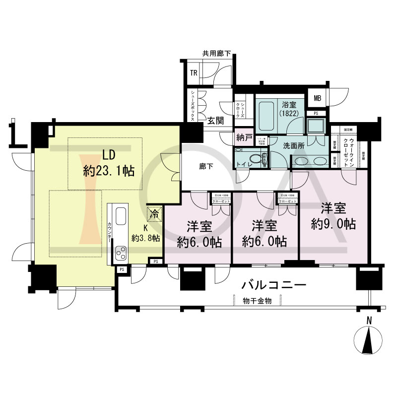 プレミスト梅田ノースの間取り図 南向き 3LDK+WIC+N+SC 専有面積113.18m2
バルコニー面積21.40m2