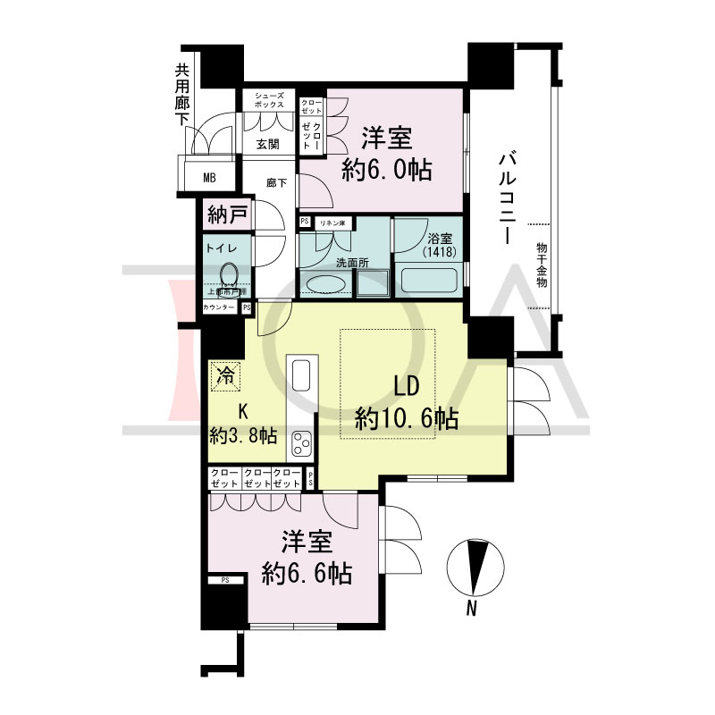 プレミスト梅田ノースの間取り図 西向き角 2LDK+N 専有面積63.03m2
バルコニー面積12.89m2
