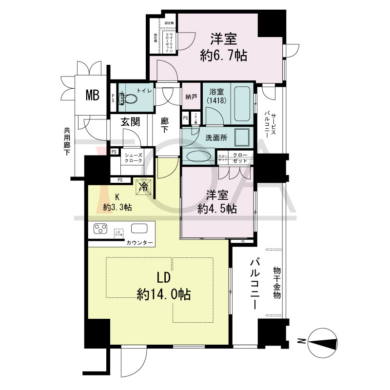プレミスト梅田ノースの間取り図 南向き 2LDK+WIC+N+SC 専有面積65.80m2
バルコニー面積9.40m2
サービスバルコニー面積2.93m2
