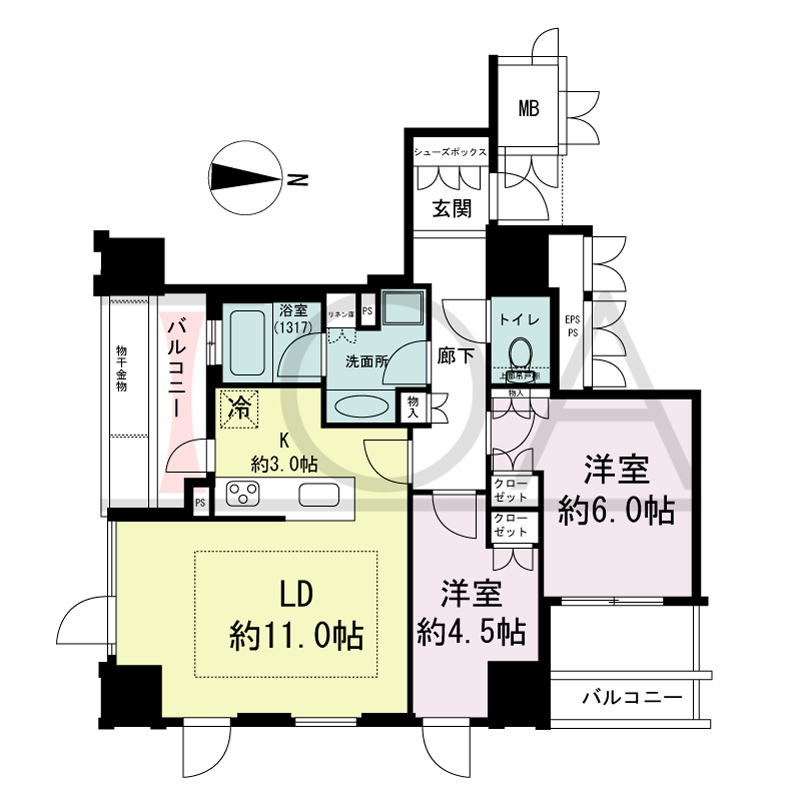 プレミスト梅田ノースの間取り図 東向き 2LDK 専有面積57.79m2
バルコニー面積10.32m2 ※2階はバルコニー面積15.43m2