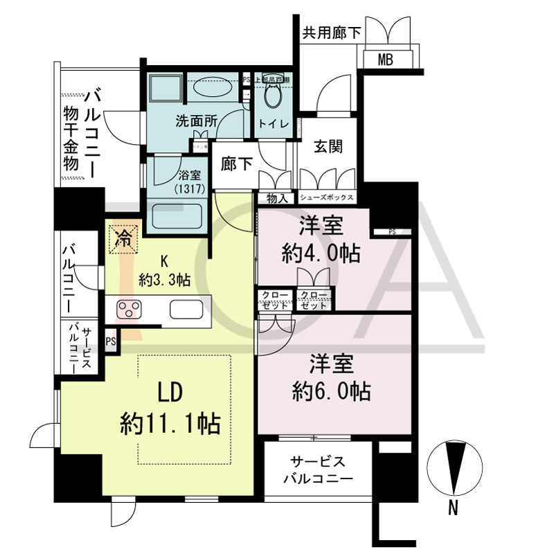 プレミスト梅田ノースの間取り図 東向き角 2LDK 専有面積55.95m2
バルコニー面積8.34m2
サービスバルコニー面積4.42m2