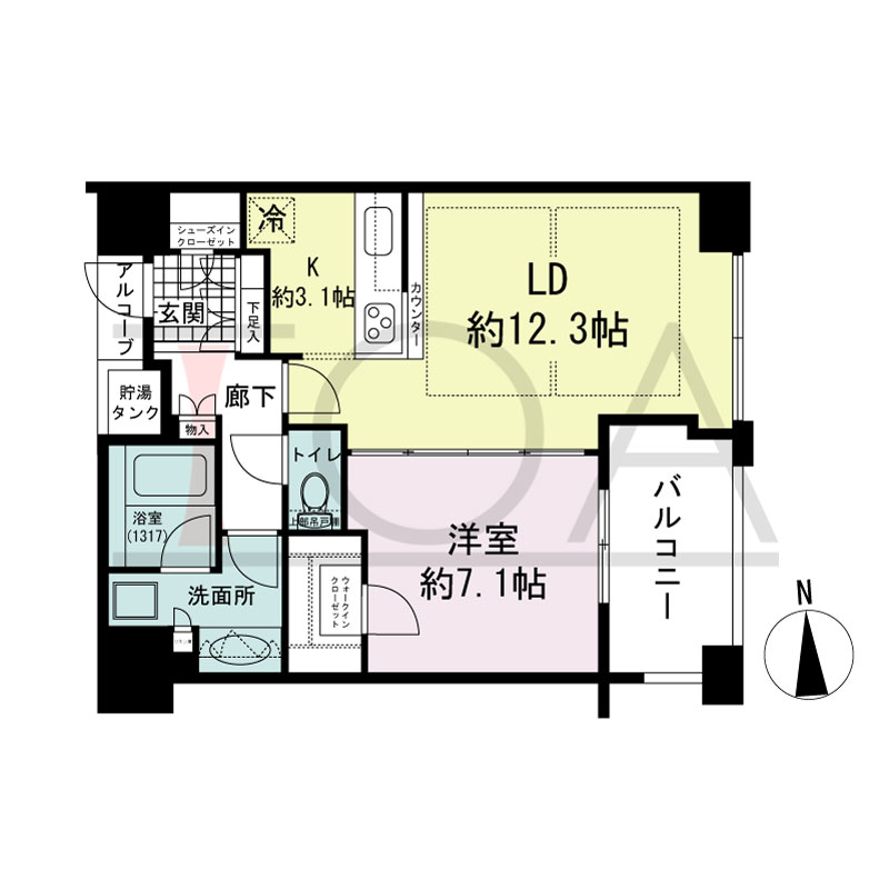 シティタワー西梅田の間取り図 東向き角 2LDK 専有面積55.23m2
バルコニー面積7.14m2
アルコーブ面積1.67m2