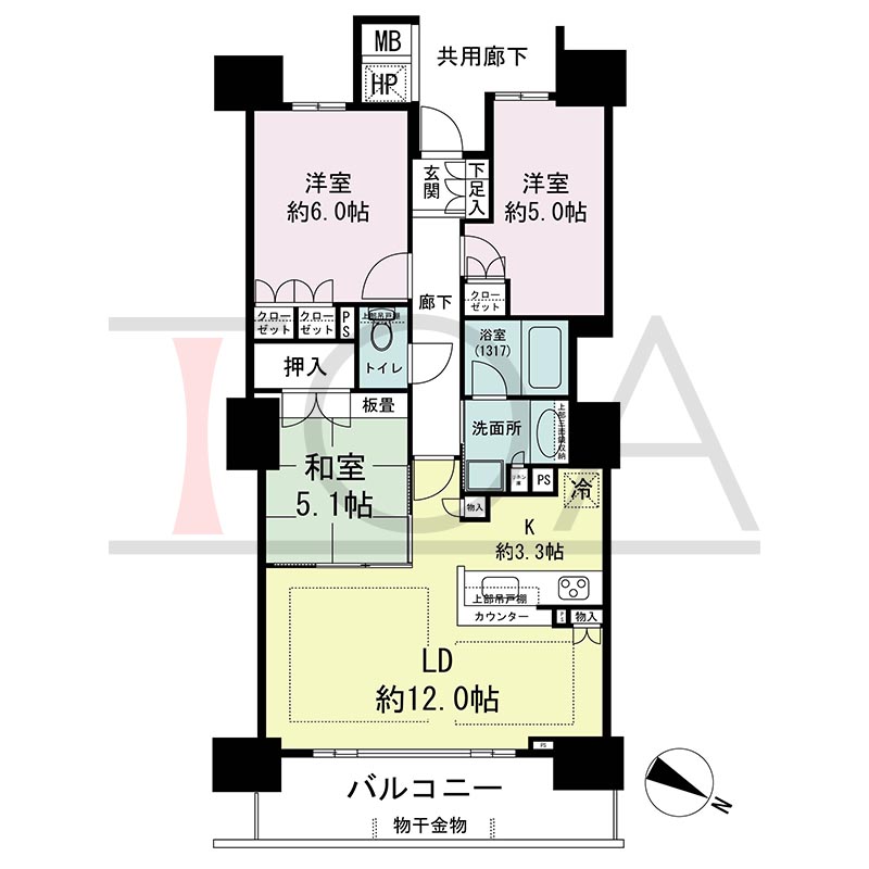 シティタワー大阪福島の間取り図 南西向き 3LD・K 専有面積69.18m2
バルコニー面積10.72m2