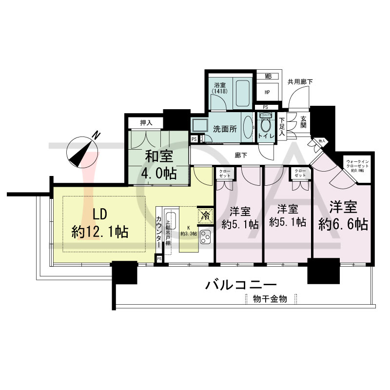 シティタワー大阪福島の間取り図 南向き 4LD・K+WIC 専有面積81.75m2
バルコニー面積19.85m2 ※4?37階
バルコニー面積33.53m2 ※3階