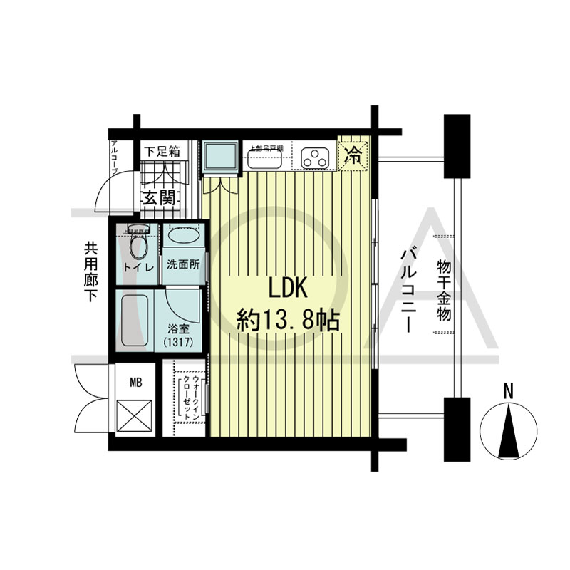 アーバンライフ御堂筋本町タワーの間取り図 東向き 1ROOM 専有面積33.28m2
アルコーブ面積0.90m2
バルコニー面積9.54m2