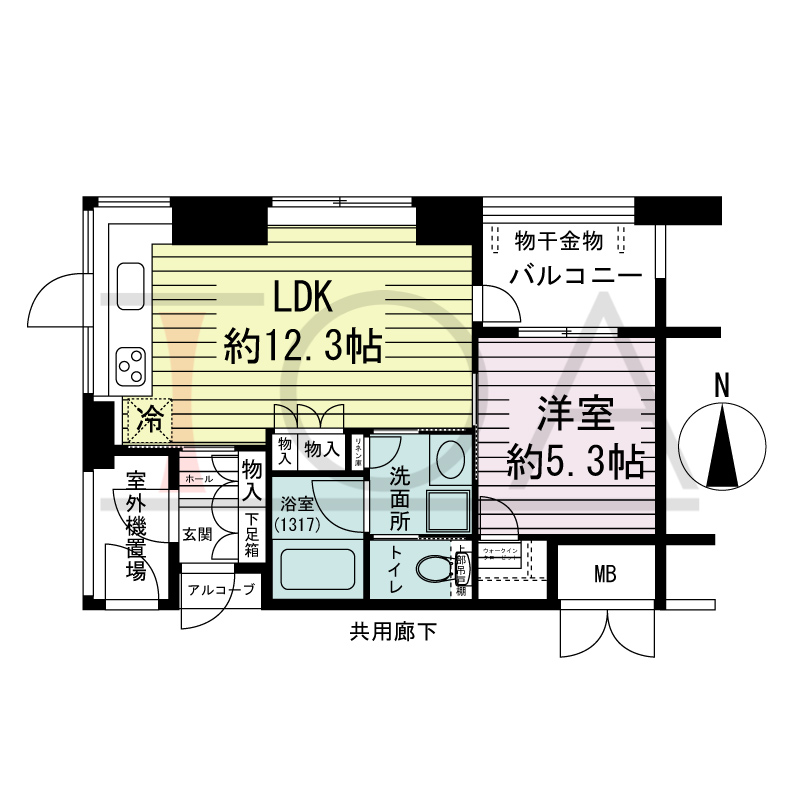 アーバンライフ御堂筋本町タワーの間取り図 北向き角 1LDK 専有面積40.74m2
アルコーブ面積0.72m2
バルコニー面積4.93m2