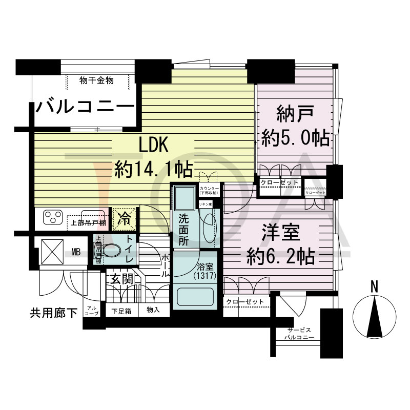 アーバンライフ御堂筋本町タワーの間取り図 北向き角 1LDK+DEN 専有面積55.24m2
アルコーブ面積55.4m2
バルコニー面積0.79m2
サービスバルコニー面積2.52m2