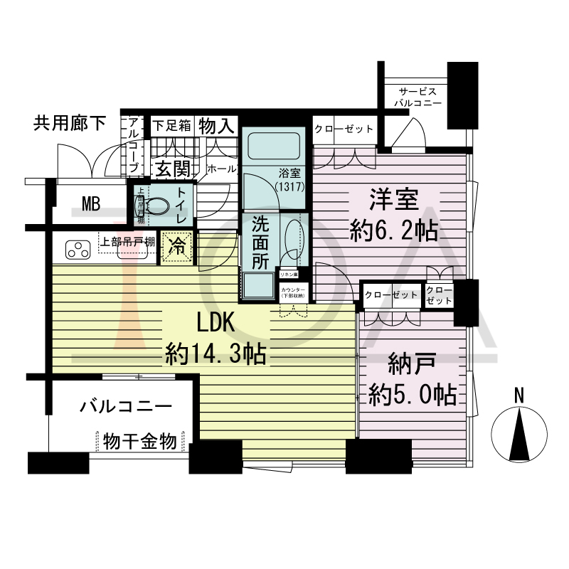 アーバンライフ御堂筋本町タワーの間取り図 南向き角 1LDK+DEN 専有面積55.45m2
アルコーブ面積0.74m2
バルコニー面積5.59m2
サービスバルコニー面積2.52m2
